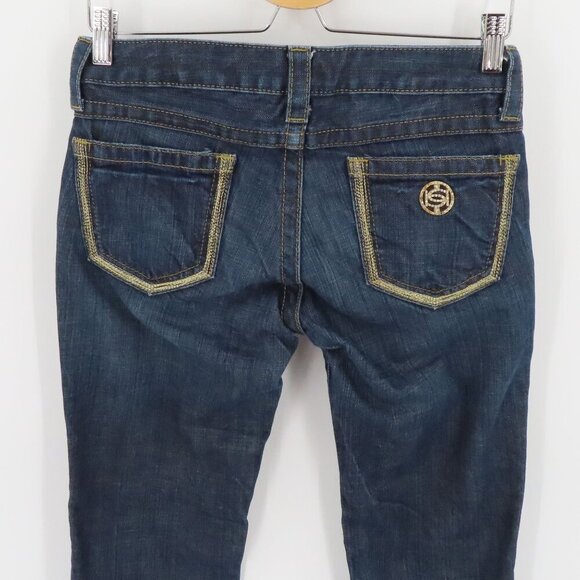 Bebe Womens 27 Gold Silver Thread Embroidered Dark Blue Denim Jeans Flare Y2K - Picture 5 of 13
